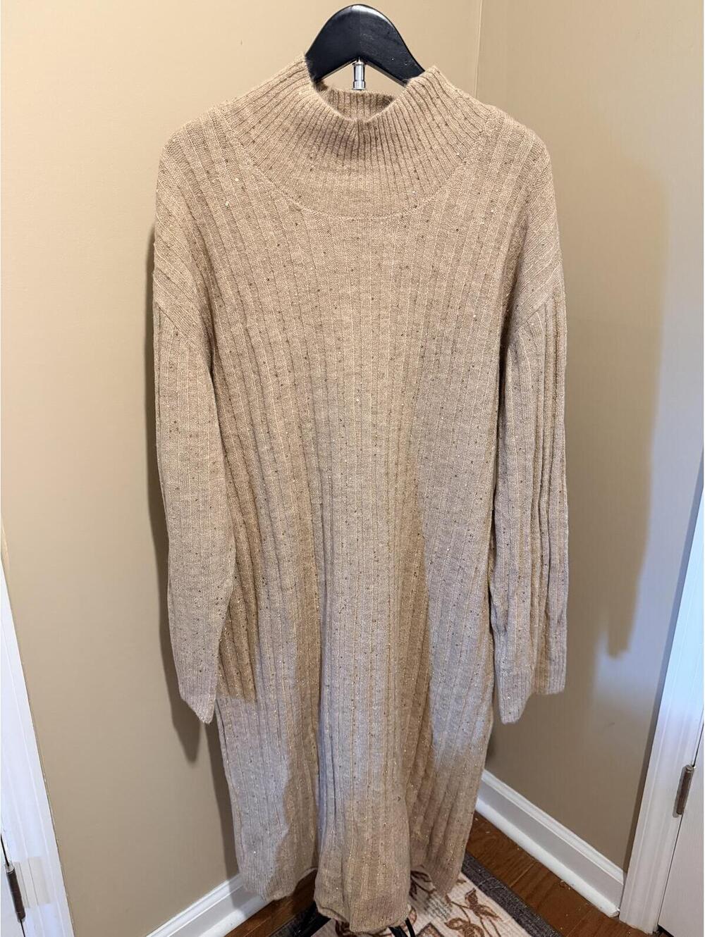 Ophelia Roe Beige Sequin Ribbed Sweater Dress XL Mock Neck Midi